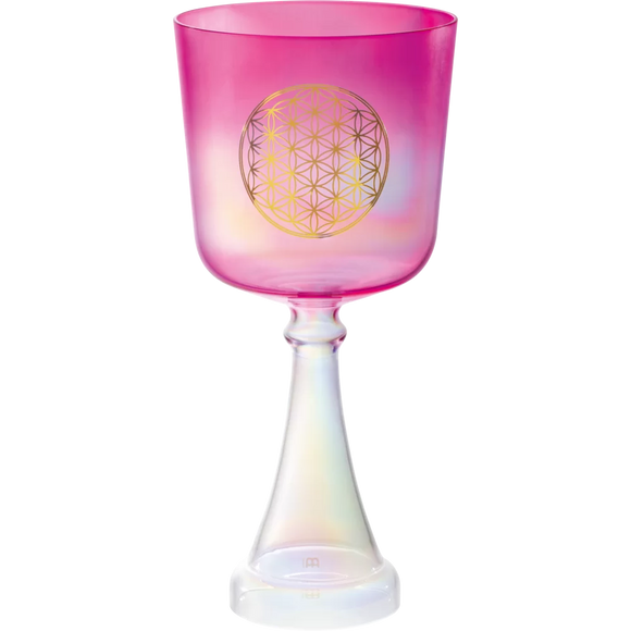 A Meinl pink goblet with a Flower of Life design on it, perfect for Meinl Crystal Singing Chalices and sound therapy enthusiasts. Its intricate design also makes it suitable for chakra healing practices.