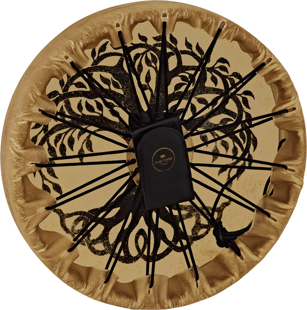 A Meinl Native American-Style Hoop Drum, Tree of Life, featuring a gold and black circle with a tree on it.