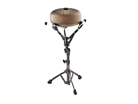 An adjustable height Meinl drum stand with a Small Steel Handpan/Tongue Drum Stand, Black on it.
