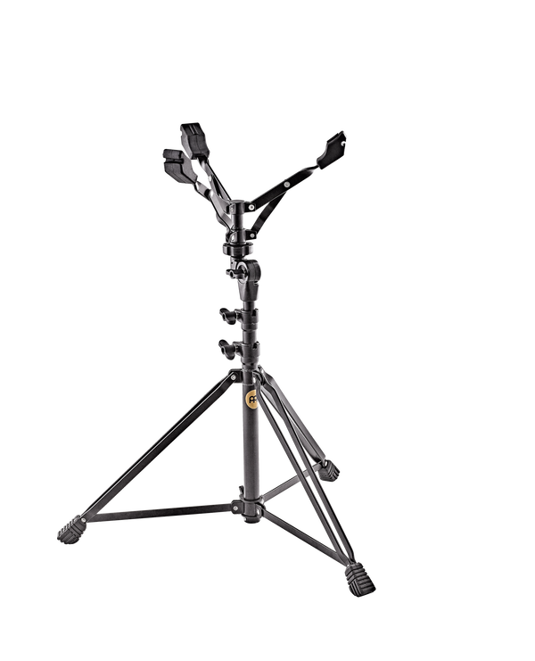 An adjustable Steel Handpan/Tongue Drum Stand, Black by Meinl showcasing a camera mounted on a tripod.