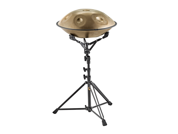 An adjustable stand for a Meinl Steel Handpan/Tongue Drum Stand, Black.