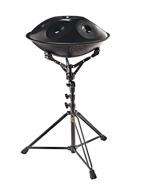 An adjustable Meinl Steel Handpan/Tongue Drum Stand, Black on a white background.