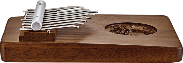 A Meinl wooden box adorned with a 10 notes Kalimba, Tree Of Life, Black Walnut pen and pencil, perfect for musicians exploring the world of sound healing therapy.
