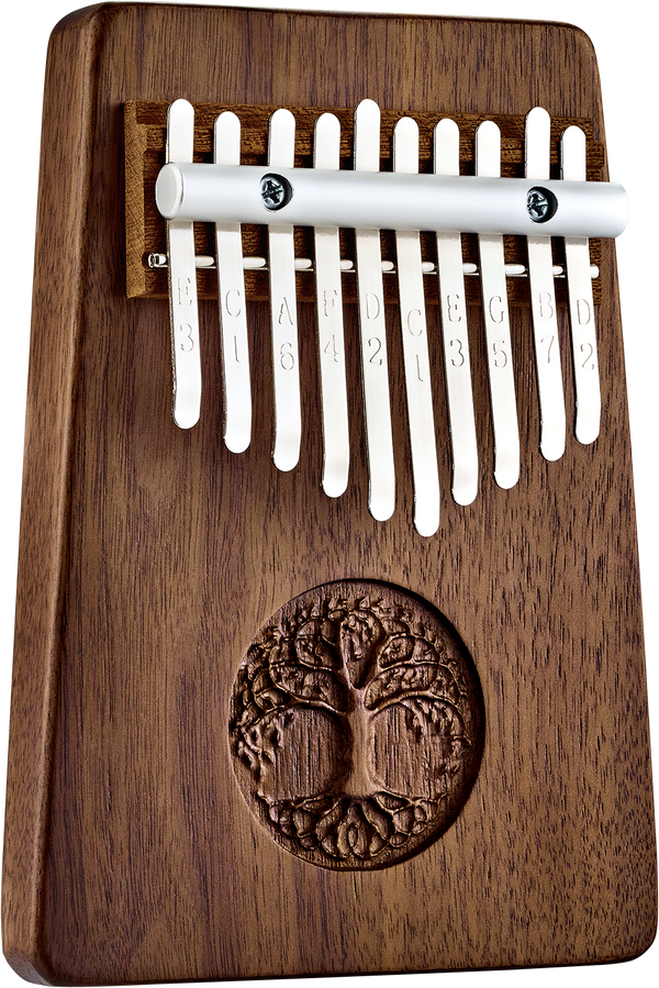 A wooden 10 notes Kalimba with the Tree Of Life design, made of Black Walnut, perfect for musicians and sound healing therapy.