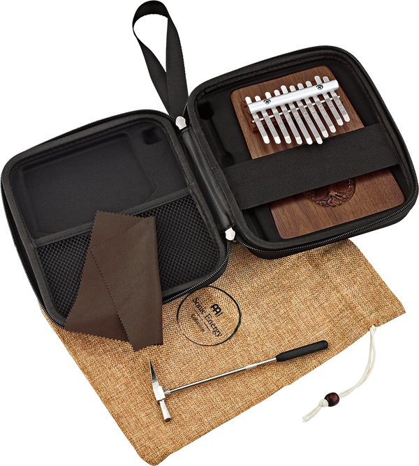 A 10 notes Kalimba, Tree Of Life, Black Walnut by Meinl, perfect for musicians, with the added convenience of a case and bag.