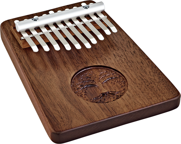 A Meinl 10 notes Kalimba, Tree Of Life, Black Walnut for musicians and sound healing therapy, placed on a white background.