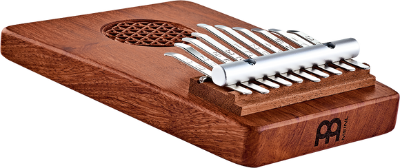 The Meinl 10 notes Kalimba, also known as a Thumb Piano, Flower Of Life edition, is a wooden instrument equipped with a set of knives on it. Perfect for sound healing therapy and creating soothing.
