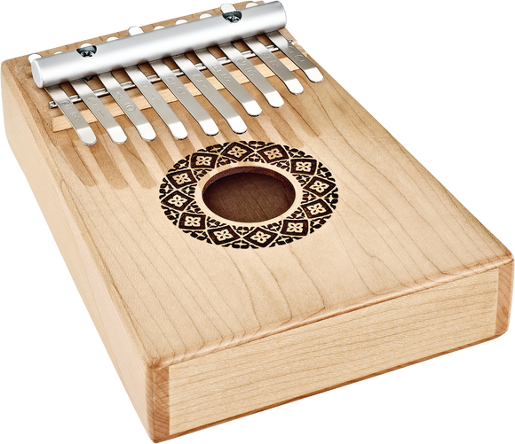 A Meinl 10 notes Kalimba, Maple on a white background featuring the calming elements of sound healing therapy.