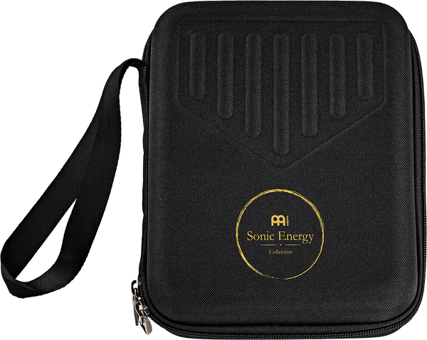 A black case with a gold logo of Meinl, a melodic instrument brand known for their 17 notes Kalimba in Sapele.