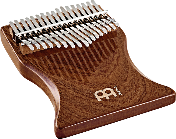 A melodic instrument, a Meinl 17 notes Kalimba made of Sapele wood, on a white background.