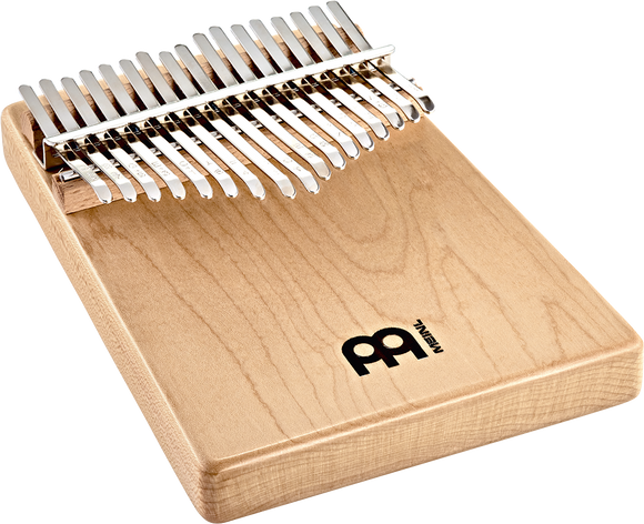 A melodic instrument, the Meinl 17 notes Kalimba, Maple (also known as a thumb piano), is showcased on a white background.