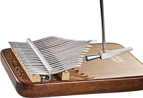 A Meinl 21 notes Kalimba, Black Walnut wood musical instrument with a wooden stand- a melodic instrument.