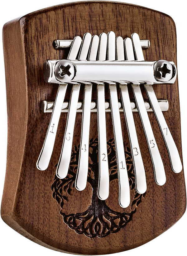 A Meinl 8 notes Kalimba, Tree Of Life, Black Walnut, perfect for musicians and sound healing therapy enthusiasts looking to explore the soothing tones of kalimba music.