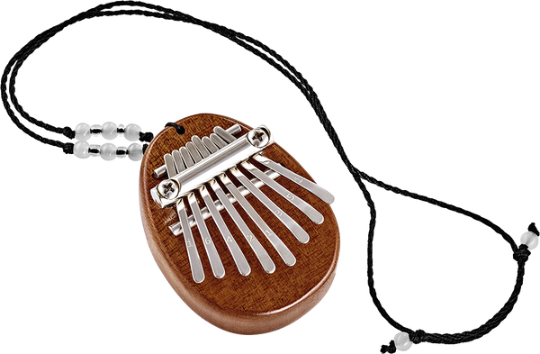 A melodic instrument made of sapele wood resembling a mini 8 notes Kalimba, Meinl, with a string attached to it.