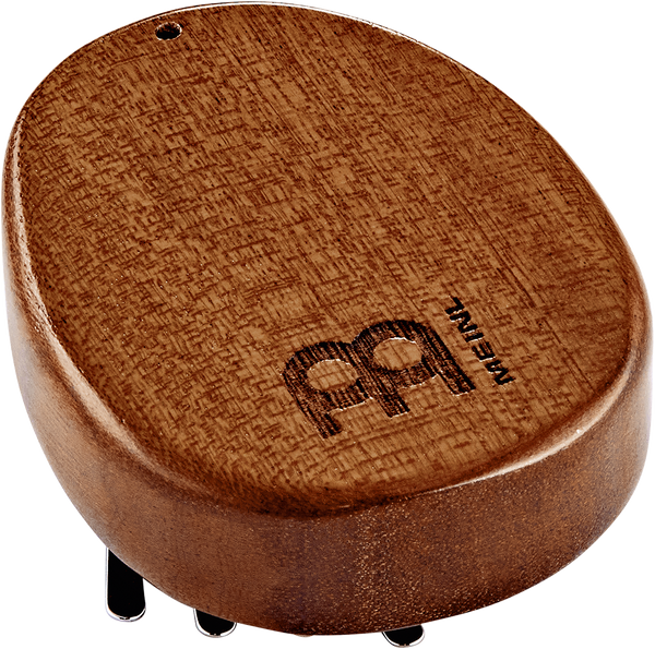 A melodic instrument made of sapele wood, resembling a Meinl 8 notes Kalimba, with the letter "m" engraved on it.