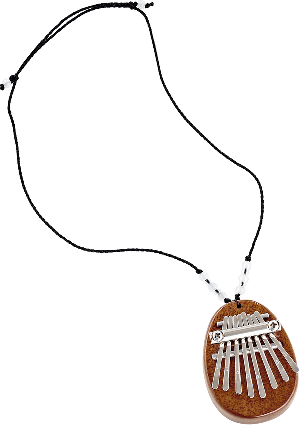 A Meinl 8 notes Kalimba made of sapele wood and metal on a black cord necklace.
