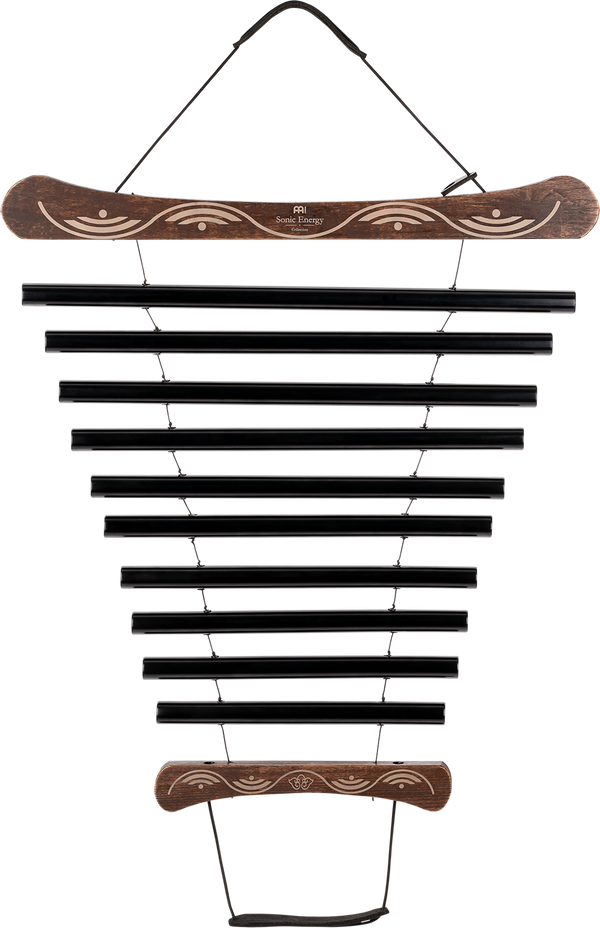 A Meinl Meditation Flow Chime 38" / 95 cm, 432 Hz, 10 Notes, C Minor in a mesmerizing black and white stripe pattern is a wooden hanging musical instrument designed for relaxation and meditation purposes, enhancing the sound therapy experience.