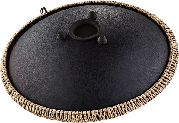 A Meinl 16" Tongue Drum, D Kurd, Lasered floral design, Black with a high-quality stainless steel woven rim.