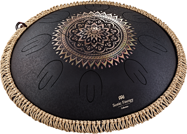 The Meinl 16" Tongue Drum, D Kurd, Lasered floral design, Black is an exquisitely designed black and gold gong, handcrafted with the highest quality stainless steel. Its intricate design not only