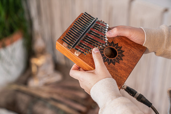 A person is holding a Meinl 17 notes Kalimba, Mahogany.