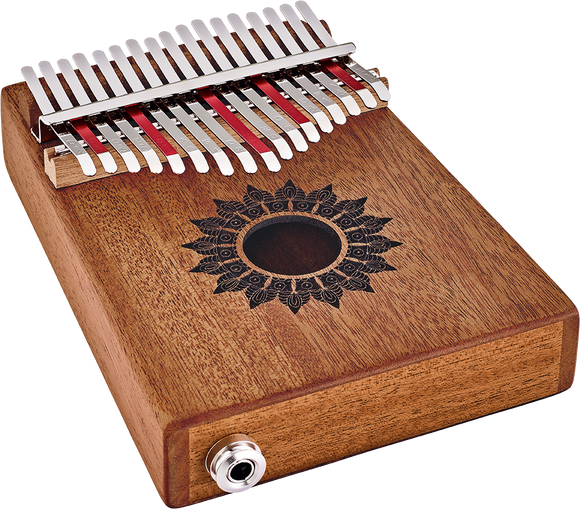 A Meinl 17 notes Kalimba, Mahogany with a sun on it, perfect for sound healing therapy.