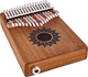 A Meinl 17 notes Kalimba, Mahogany with a sun on it, perfect for sound healing therapy.