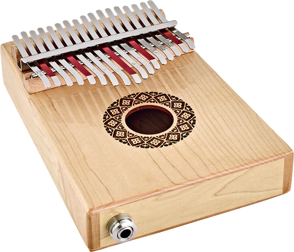A wooden box containing a Meinl Soundhole Kalimba, a Maple 17 notes ethereal-toned melodic instrument.