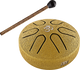 A Meinl 3" Tongue Drum, A Major, OM, Gold, played with a wooden stick by a sound therapist.