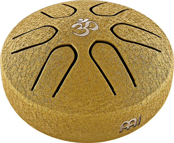 A Meinl 3" Tongue Drum, A Major, OM, Gold with an om on it, perfect for sound therapists.