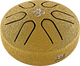 A Meinl 3" Tongue Drum, A Major, OM, Gold with an om on it, perfect for sound therapists.