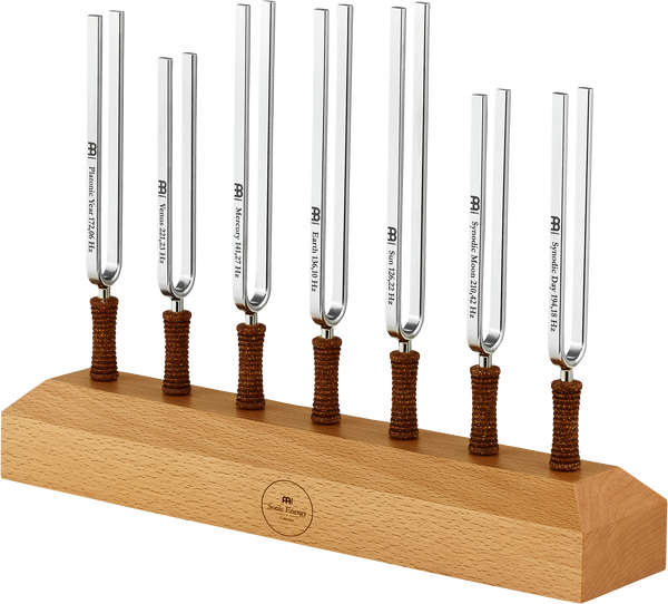 A Meinl wooden holder with five metal rods on it, ideal for holding a 7-piece Tuning Fork Chakra Set Incl. Holder to enhance their therapeutic effect.